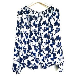 Elizabeth and James Blue and White Floral V-Neck Blouse